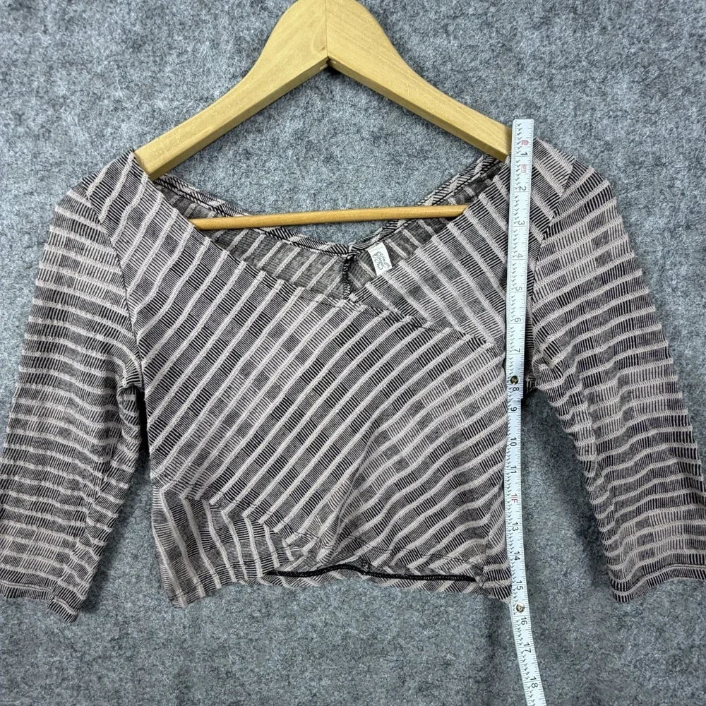 Free People Cropped Top Women XS Brown Striped Cotton V-Neck Pullover 3/4 Sleeve